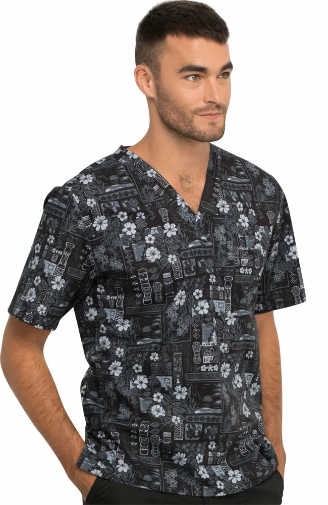 Cherokee Clearance Men's Its Tiki Time Print Scrub Top - Image 5