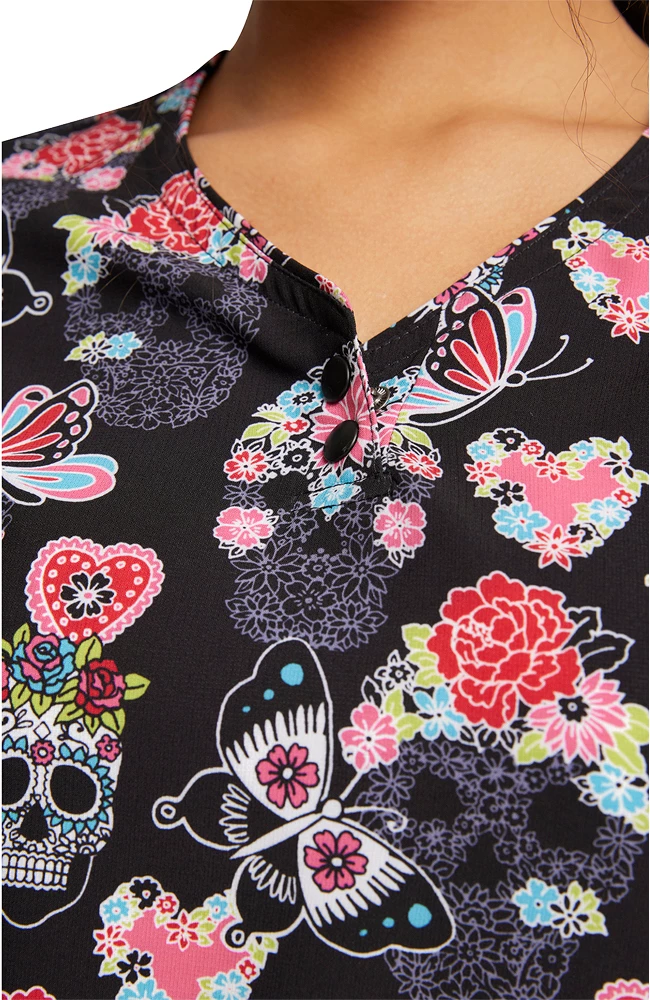 Cherokee Women's Sugar Skull Flutter Print Scrub Top - Image 4