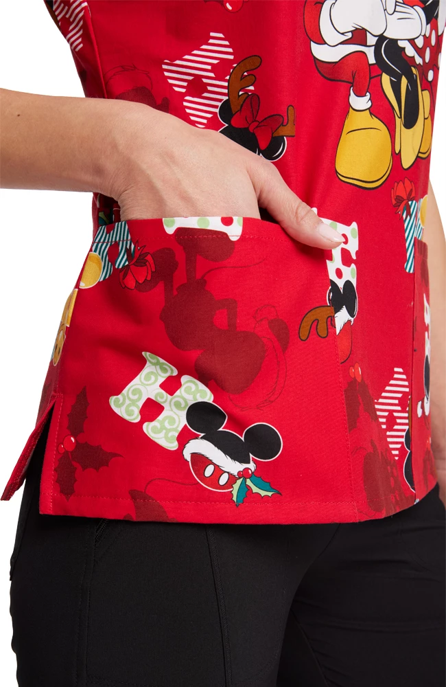 Cherokee Women's Mickey Holiday Cheer Print Scrub Top - Image 6